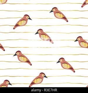 Birds with gold foil wings on golden lines seamless vector background pattern. Sparrows modern animal design. Elegant design for scrapbooking, paper,  Stock Vector