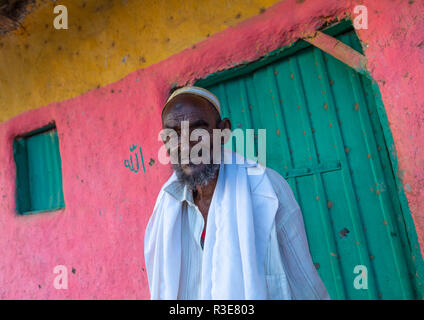 Portrait of an old afar tribe man in front of a pink house, Afar Region, Afambo, Ethiopia Stock Photo