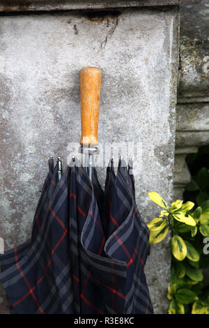 Blue Burberrys Large Umbrella Wooden Handle Stock Photo