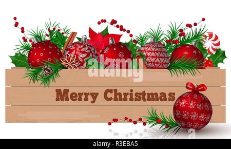 Merry Christmas. Festive red Christmas Balls in row in brown wooden crate with fir decoration. box with candy cane, lolly pop, holly, berries, pattern Stock Vector