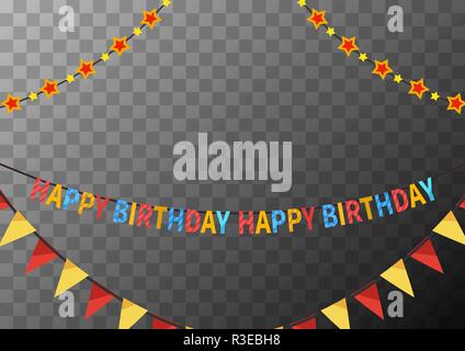 Happy birthday garlands with flags and stars, congratulations template on transparent background Stock Vector