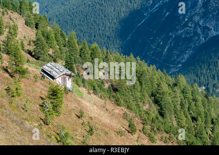 wooden forest rangers shelter on the summit of Mount Elfer, Stubaital, Tyrol, Austria Stock Photo