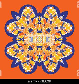 Vector icon with abstract ornament. Vector mandala with corners in childish style. Ornamental doodle orange, yellow and blue colors on light blue color Stock Vector