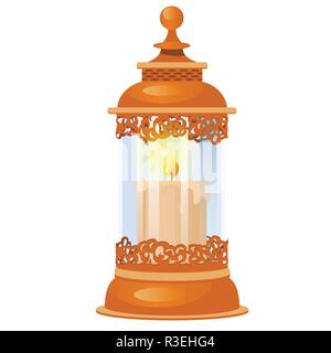 Decorative element on theme of Christmas and New year isolated on white background. Glass transparent lamp in oriental style or glowing lantern with burning candle. Vector cartoon close-up. Stock Vector