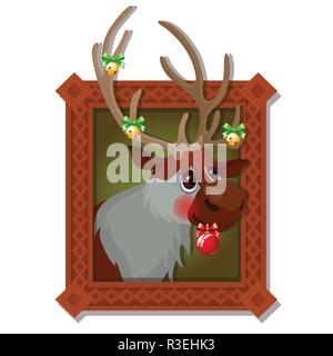 Wall picture in a wooden frame with Christmas deer with Golden jingle bells and festive baubles isolated on a white background. Vector cartoon close-up illustration. Stock Vector