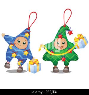 Carnival costumes for children. Set of soft funny Christmas decorations in the shape of star and Christmas tree isolated on white background. Sketch of festive poster, party invitation, holiday card. Stock Vector