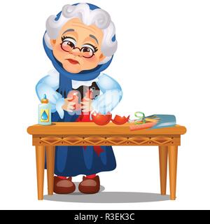 Sad animated old lady glued up the broken Christmas toys isolated on a white background. Sketch of Christmas festive poster, party invitation, other holiday card. Vector cartoon close-up illustration. Stock Vector