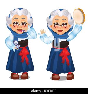 Animated old lady, lipstick, dances with a tambourine isolated on white background. Second wind. Sketch of festive poster, party invitation, holiday card. Vector cartoon close-up illustration. Stock Vector