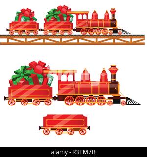 Little red train with wagons by rail carries boxes with Christmas gifts isolated on a white background. Vector cartoon close-up illustration. Stock Vector