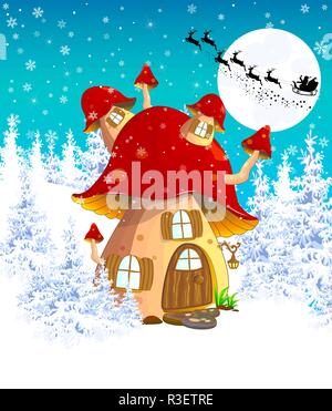 Cartoon mushroom house  on the background of winter snow-covered forest. Silhouette of Santa on a sleigh against the night sky and the moon.  Winter l Stock Vector