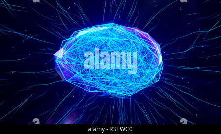 Polygonal brain shape of an artificial intelligence with lines and glowing dots and shadow over the dark blue background. 3D rendering. Stock Photo