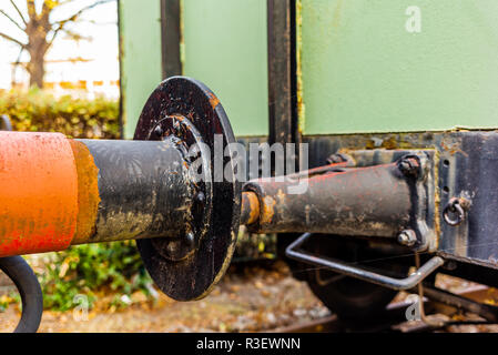 Closeup of the powerful bumpers of a train wagon Stock Photo