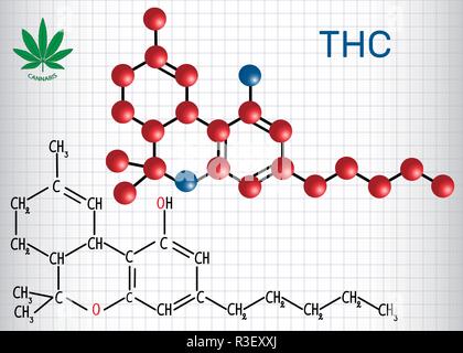 Tetrahydrocannabinol (THC) - structural chemical formula and molecule model. Is the principal psychoactive constituent of cannabis. Sheet of paper Stock Vector