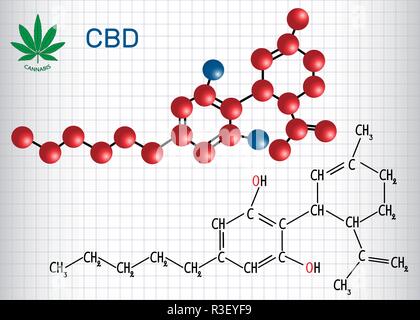 Cannabidiol (CBD) - structural chemical formula and molecule model. Active cannabinoid in cannabis, has antipsychotic effects. Sheet of paper in a cag Stock Vector