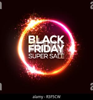 Black Friday sale banner or flyer in neon circle logo. Electrical technology promotion abstract background. Black Friday design. Pink red round tube with star neon light. 80s style vector illustration Stock Vector