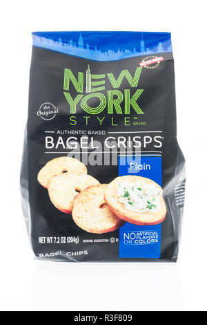Winneconne, WI - 21 November 2018: A package of New York style authentic baked bagel crisps on an isolated background. Stock Photo