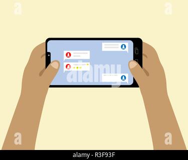 Hands holding a smartphone. Correspondence in social networks. Vector illustration. Stock Vector