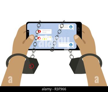 Hands in handcuffs are holding a smartphone. Dependence on social networks. Vector illustration. Stock Vector