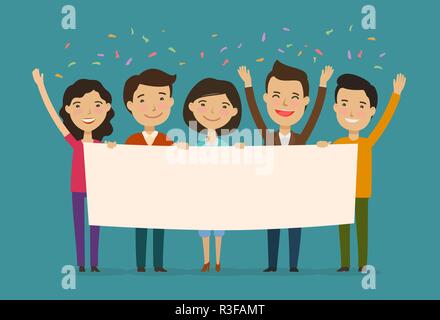 Friends congratulate on holiday. Congratulation, felicitation concept. Cartoon vector illustration Stock Vector