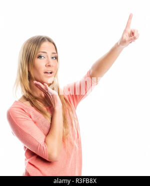 woman points with her finger Stock Photo