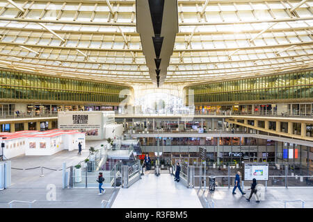 General view of the patio of the Forum des Halles underground shopping mall in the center of Paris, covered by a vast glass and steel canopy. Stock Photo