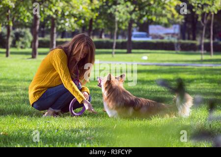 girl and dog corgi walking in the park Stock Photo