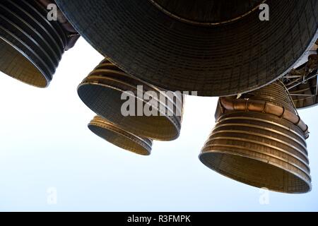 Apollo Saturn V booster rocket with large powerful liquid oxygen fueled rocket engines Stock Photo