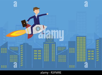 Flat Businessman flies above the city on the rocket with growth arrow ...