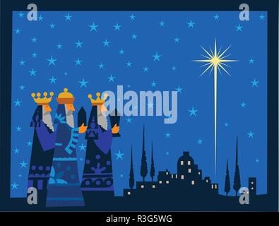 Three wise men and shining star of Bethlehem. Christmas celebration concept in vector illustration. Stock Vector