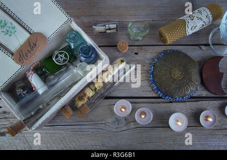 Magical instruments and ingredients on the table Stock Photo