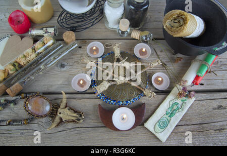 Magical instruments and ingredients for the Wiccan ritual Stock Photo