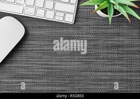 Business composition with white computer keyboard, mouse and artificial plant on grey background. Top view with copy space for text. Stock Photo