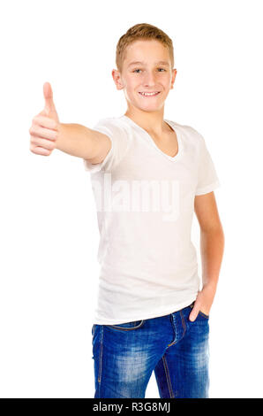 teenage boy giving thumbs up isolated on a white background Stock Photo