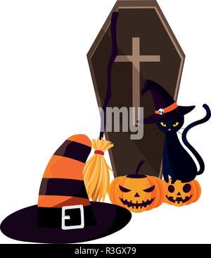 halloween pumpkins with hat witch and coffin vector illustration design ...