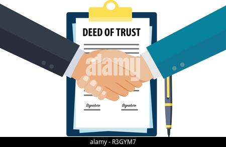 Businessman handshake after signing deed of trust document Stock Vector