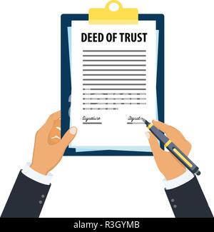 Deed of trust clipboard in hand, Man holding deed of trust document, Signing deed of trust document Stock Vector