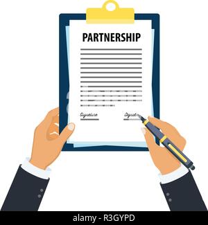 Partnership clipboard in hand, Man holding partnership document,Signing partnership document Stock Vector