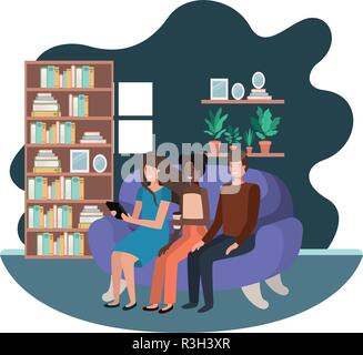 group of people using tablet in livingroom Stock Vector