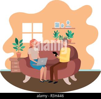 couple using laptop in the livingroom Stock Vector