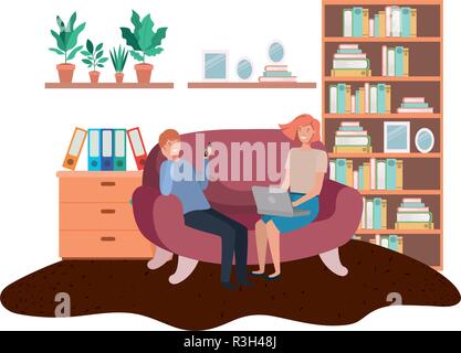 couple using laptop in the livingroom Stock Vector