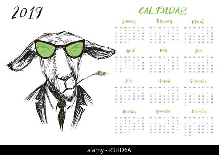 Calendar 2019 with Funny hipster donkey Stock Vector