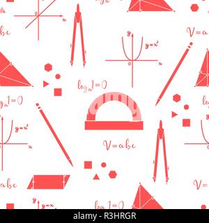 Mathematical scientific vector seamless pattern with geometry plots, tools and formulas. Education elements. Compasses, protractor, pencil, graphics,  Stock Vector