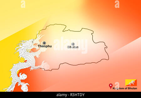Bhutan map and Thimphu with location map pin and Bhutan flag on travel map of Asia - Kingdom of Bhutan Stock Photo