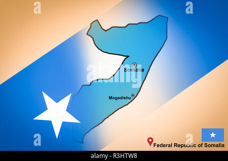 Somalia map and Mogadishu with location map pin and Somalia flag on travel map of Asia - Federal Republic of Somalia Stock Photo