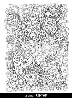 Adult coloring page with oriental floral pattern. Black and white doodle flowers. Bouquet line art vector illustration isolated on white background. Mehndi vector design Stock Vector