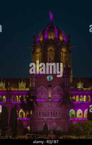 09â€”Nov-2017-World Heritage Victoria Terminus VT now Chhatrapati Shivaji Maharaj Terminus CST railway station building 'NIGHT-TIME ILLUMINATION'; Bom Stock Photo