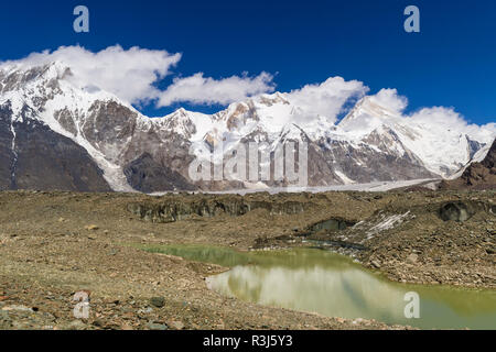 Pabeda-Khan Tengry glacier massif, View from Base Camp, Central Tien Shan Mountain Range, Border of Kyrgyzstan and China Stock Photo