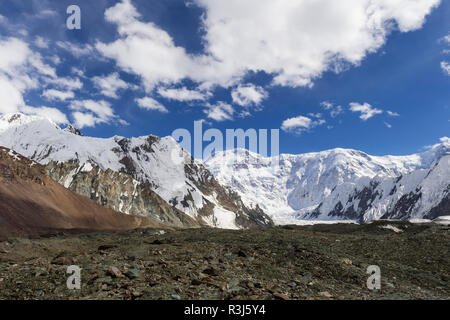 Pabeda-Khan Tengry glacier massif, View from Base Camp, Central Tien Shan Mountain Range, Border of Kyrgyzstan and China Stock Photo