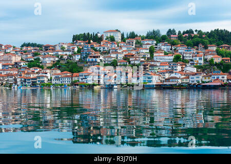 Ohrid old city reflecting in Lake Ohrid, Macedonia Stock Photo