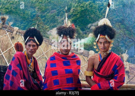 Naga tribal men in traditional clothing, Kisima Nagaland Hornbill festival, Kohima, Nagaland, India Stock Photo